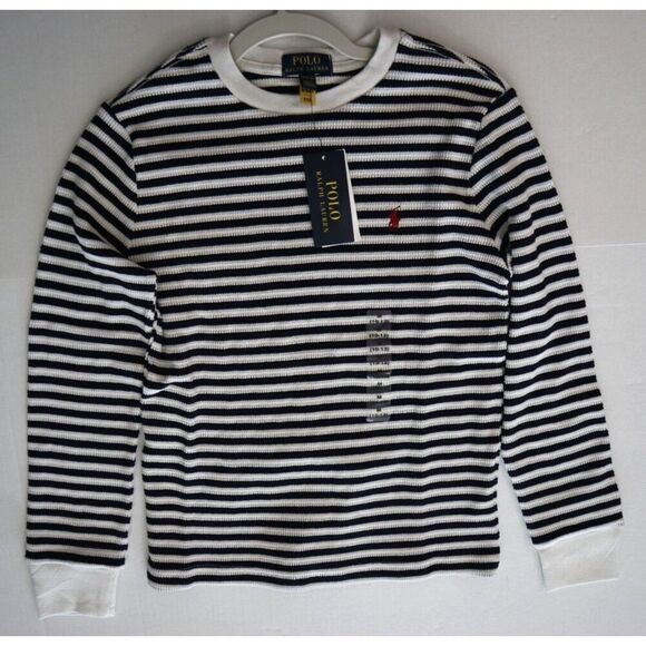 Polo Ralph Lauren Boy's Sz M (10-12) Cream/Navy Striped Waffle-Knit L/S Shirt - Picture 6 of 7